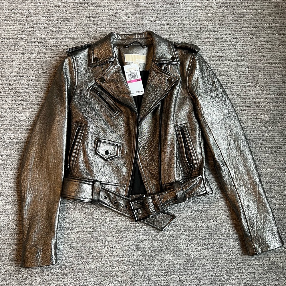Michael Kors Gunmetal metallic leather jacket. New with tags. Size XXS